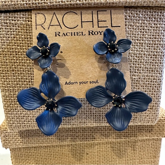 NWT RACHEL Rachel Roy Earrings Navy Blue Double Flower w/ center crystal - Picture 4 of 9